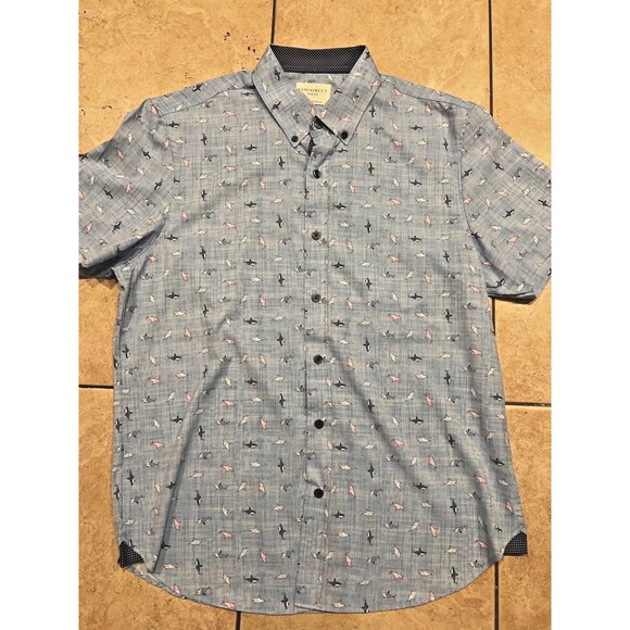 Con.Struct Shirt Men’s Large Slim Fit Blue Shark AOP Button Down 4 Way Stretch - Picture 1 of 7